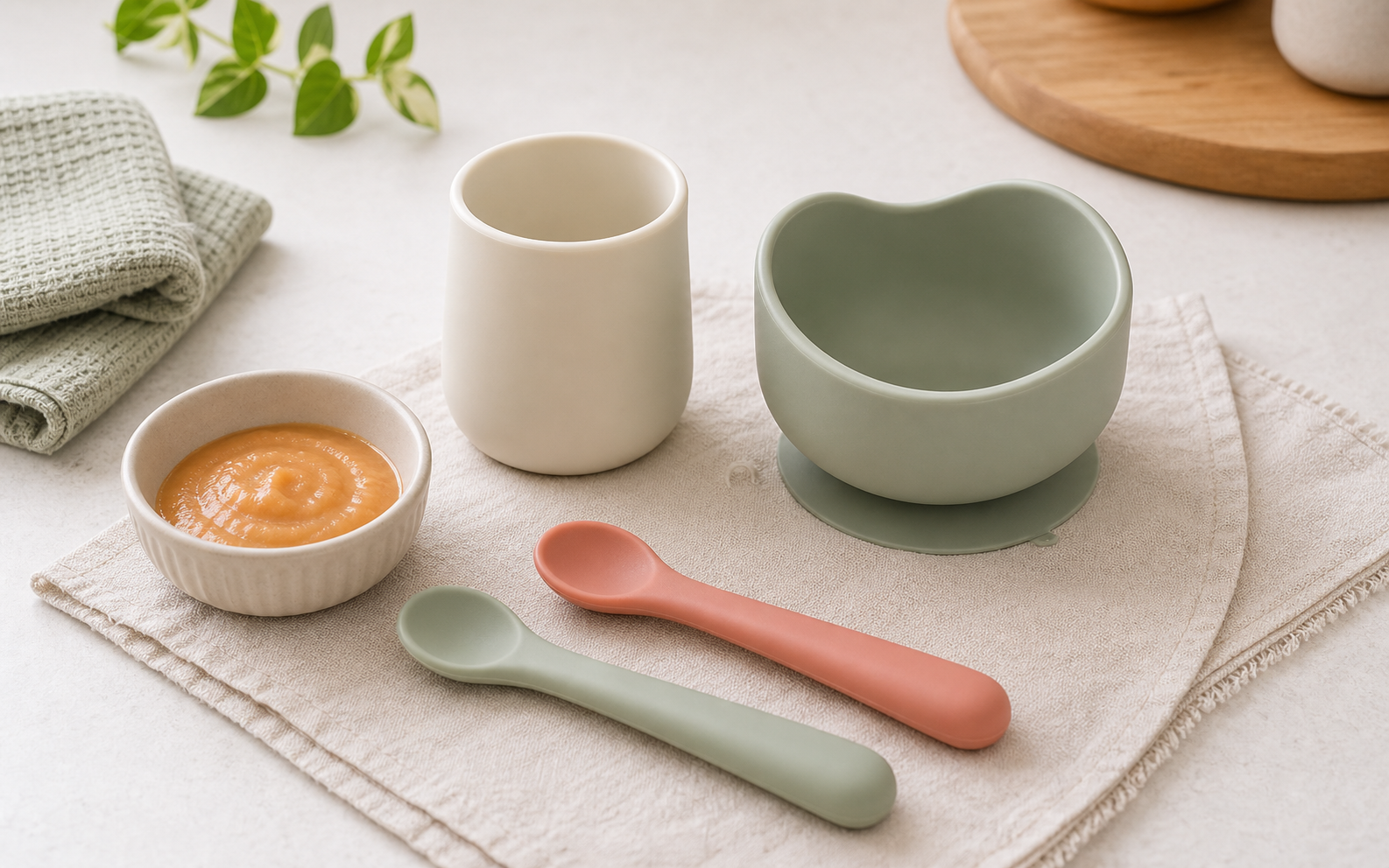 Baby spoons, open cup, and suction bowl picture