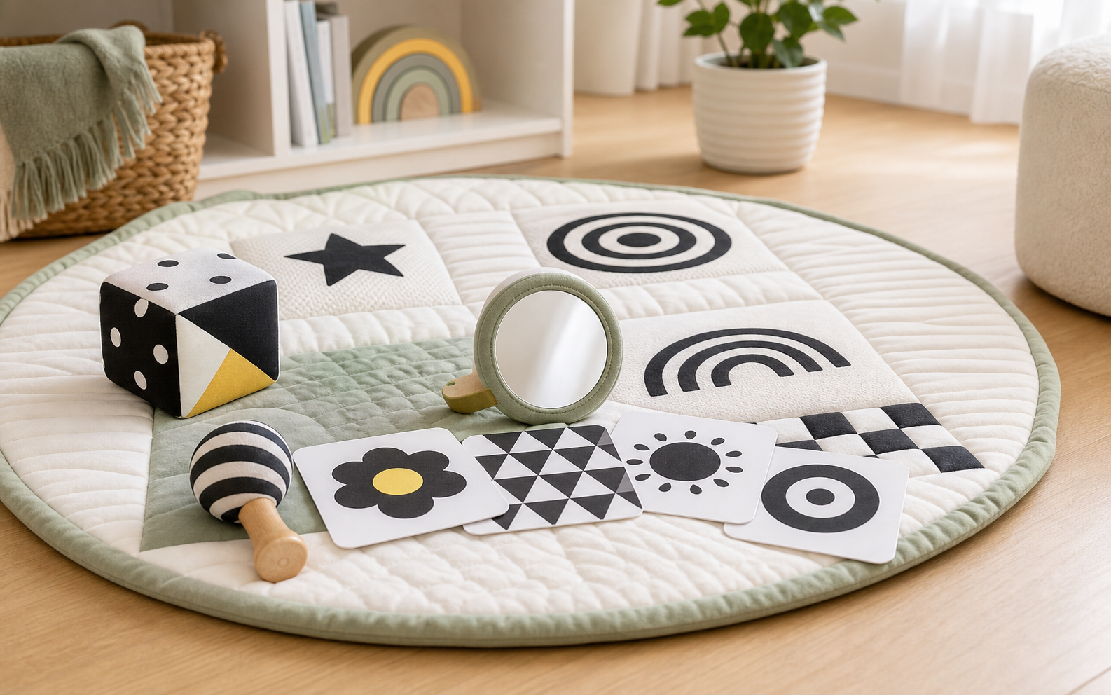 Floor mat and high-contrast toys picture